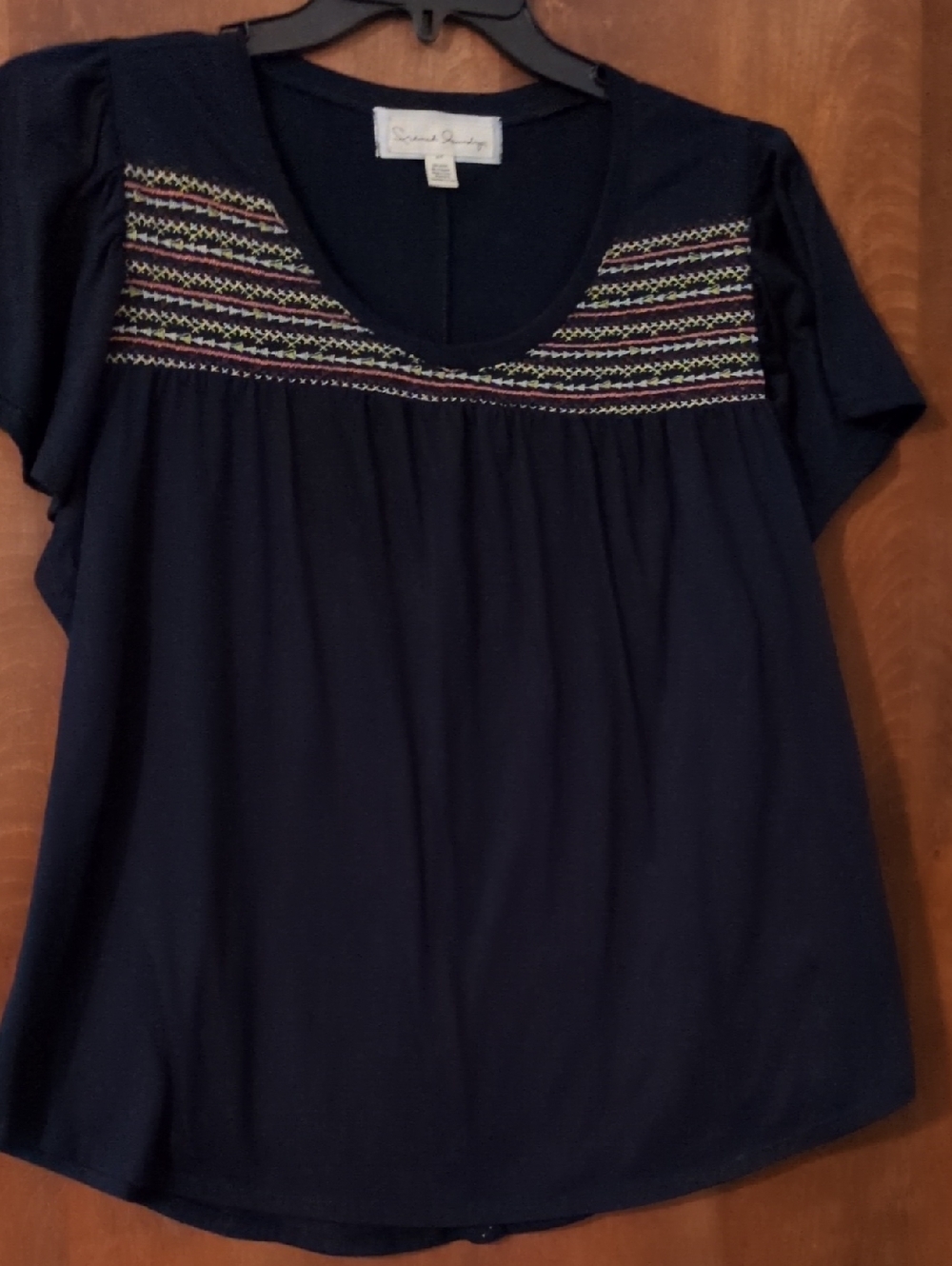 French Laundry Navy Short Sleeve Scoop Neck Top with Multicolor Embroidery